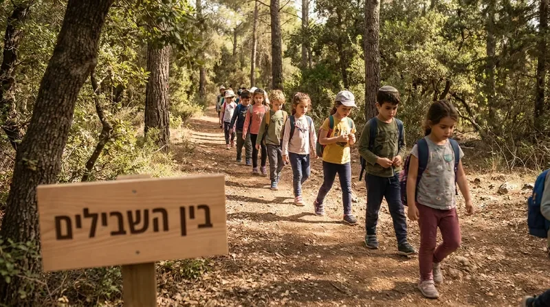 ילדים צועדים בשביל יער מוצל