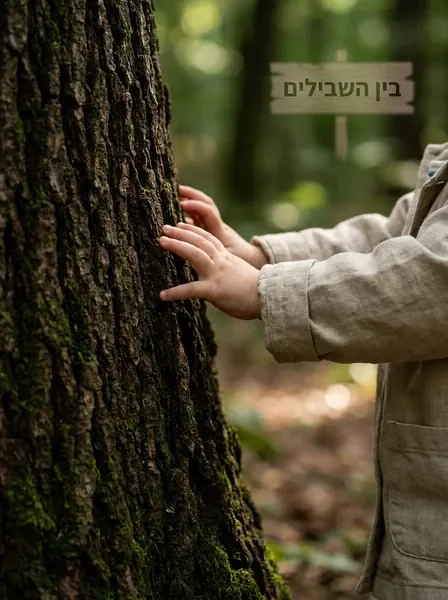 ידיים של ילד נוגעות בקליפת עץ
