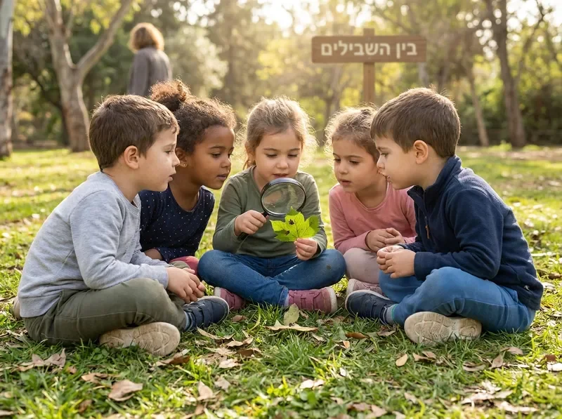 קבוצת ילדים יושבת במעגל על הדשא ומתבוננת בעלה